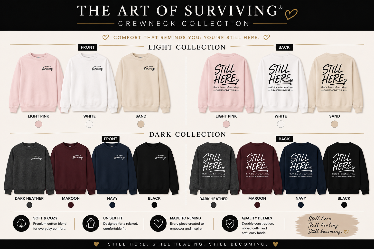 The Art of Surviving Still Here crewneck sweatshirt collection showing front, back, light and dark colors