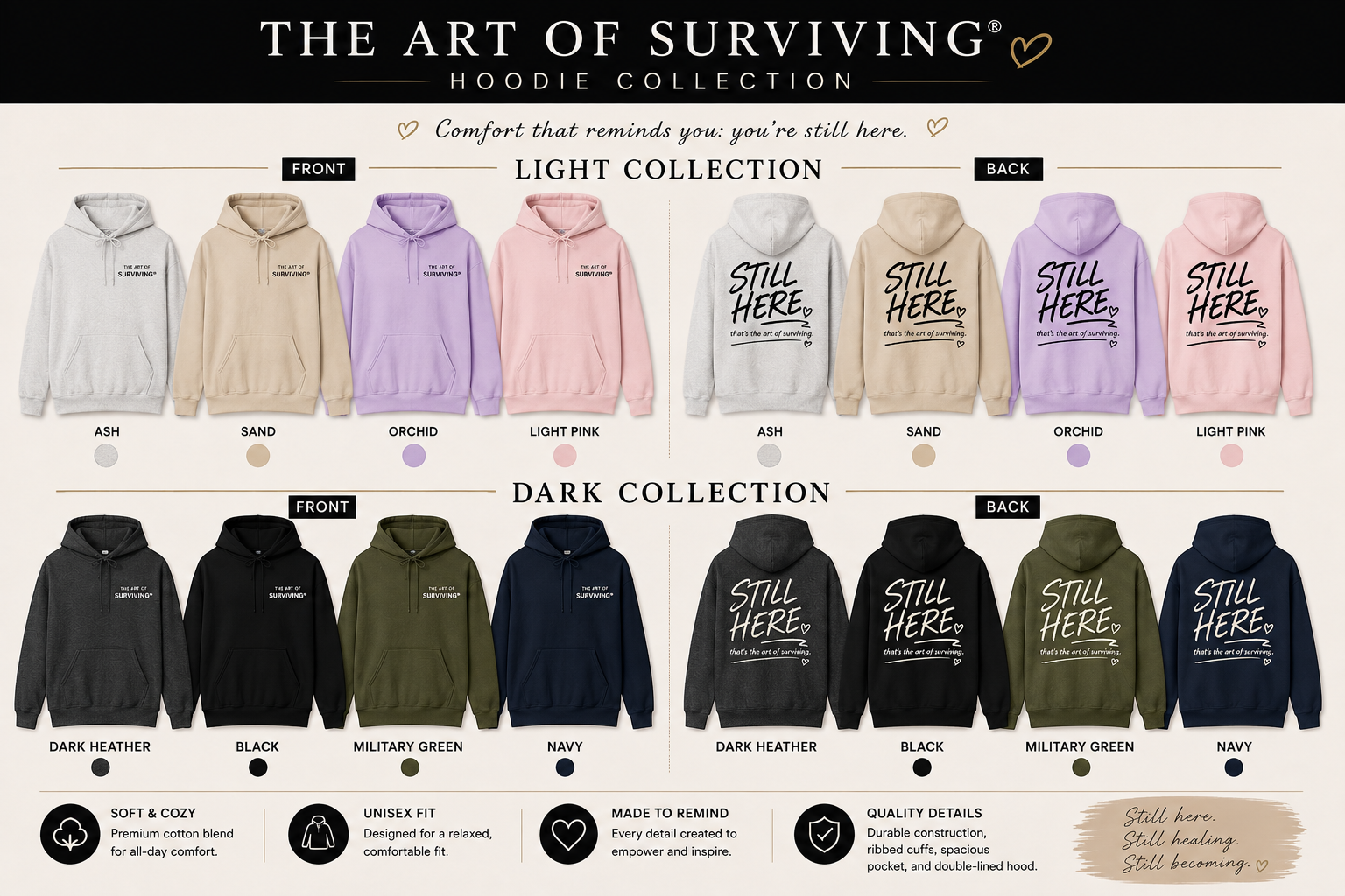 The Art of Surviving Still Here hoodie collection showing front, back, light and dark colors